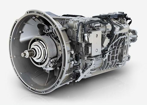 Detailed view of a Detroit DT12 automated manual transmission heavy-duty component used in commercial trucks.