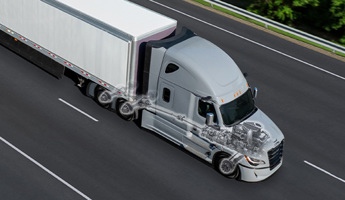 Aerial view of Class 8 semi truck with transparent chassis showing drivetrain components on highway